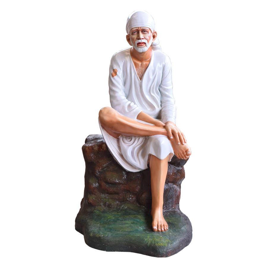 Lord Sai Baba Sitting on Stone Poster Painting by Hemant Wani