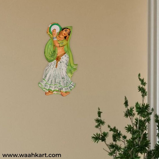 Village Lady Wall Hanging Playing Tambourine - Light Green