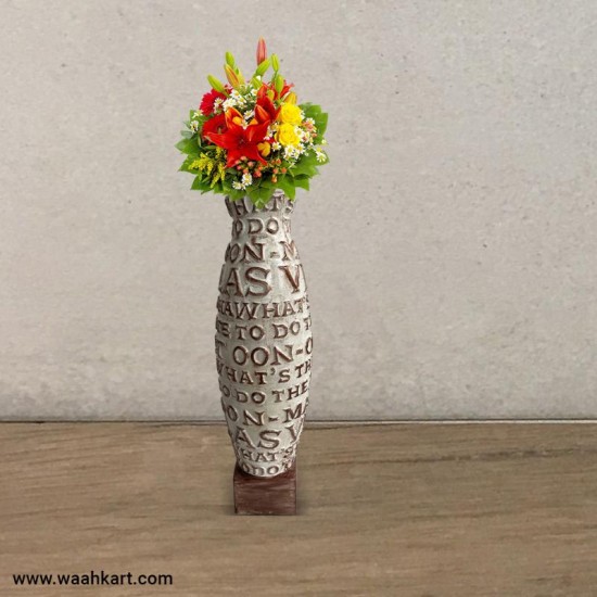 Alphabet Embossed Vase In White And Brown 