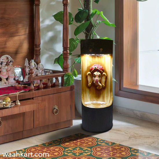 Wooden Look Ganesha Face With Music Light And Fountain Stand