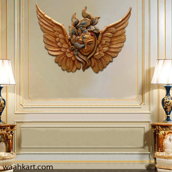 Elegant Wall Mural Face Carved Mask With Wings 