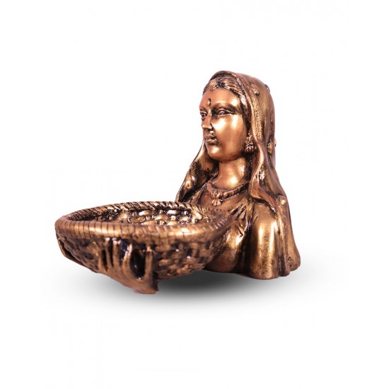 Lady Faced Statue With Small Basket- Golden
