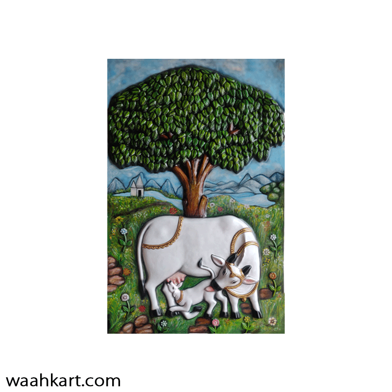 Kalamkari Painting of a Cow and Calf on Orange Background